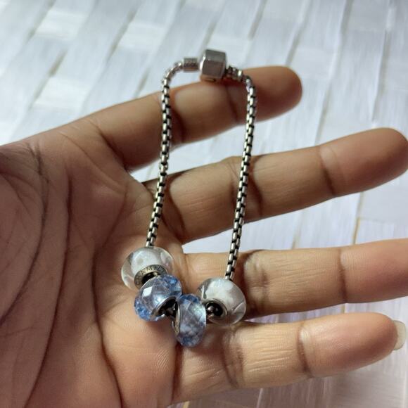 CHAMILIA 925 STERLING SILVER SNAKE BRACELET & 4 Murano GLASS CHARMS Blue - Picture 1 of 5